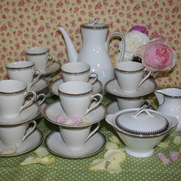 Coffee Set. Demi Tasse. Vintage.  Stylish Vintage Ceramic Baverian Demitasse Porcelain Coffee Set for 12 - Marktleuthen Winterling
