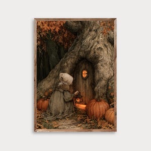 Halloween Cottage Wall Art, Whimsical Autumn Printable, Vintage Storybook Forest Witch, Cozy Fall Digital Download