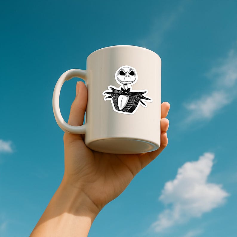 May include: A white ceramic mug featuring a black and white graphic illustration of a skeletal character with a wide grin, wearing a pinstriped suit and a bat-shaped bowtie. The mug has a smooth finish and a curved handle on the left side.