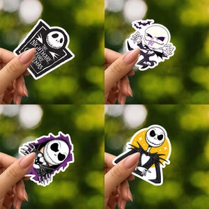 May include: A set of four vinyl stickers featuring Jack Skellington from The Nightmare Before Christmas. Designs include a tombstone with text, a playful character with bats, a character peeking through a purple tear, and a character against a yellow circle.