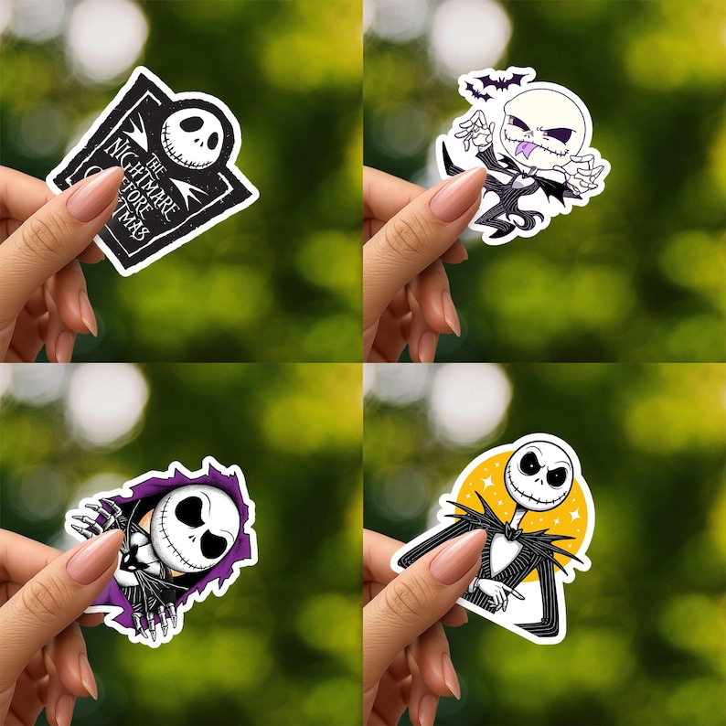 May include: A set of four vinyl stickers featuring Jack Skellington from The Nightmare Before Christmas. Designs include a tombstone with text, a playful character with bats, a character peeking through a purple tear, and a character against a yellow circle.