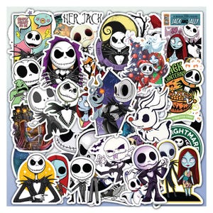 May include: A collection of vinyl stickers featuring characters from The Nightmare Before Christmas, including Jack Skellington, Sally, and Zero. The designs display various scenes, comic-style panels, and individual character portraits in black, white, and vibrant colors.
