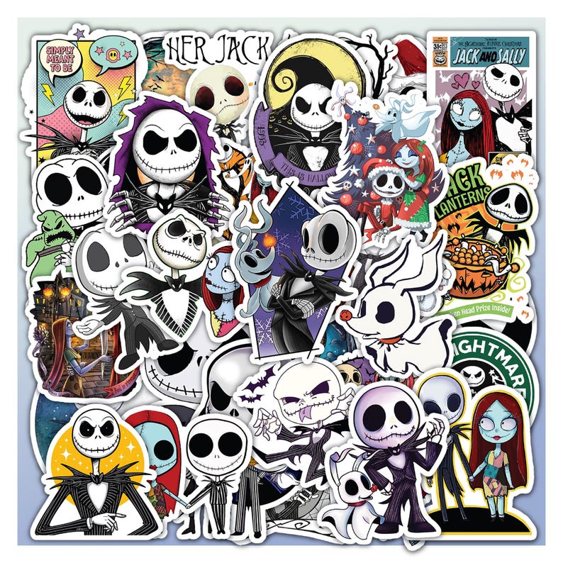 May include: A collection of vinyl stickers featuring characters from The Nightmare Before Christmas, including Jack Skellington, Sally, and Zero. The designs display various scenes, comic-style panels, and individual character portraits in black, white, and vibrant colors.