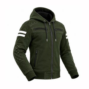 May include: An olive green hooded jacket featuring a full-length front zipper, two chest pockets, and two lower side pockets. The sleeves include white horizontal stripes and quilted diamond-patterned elbow patches with ribbed cuffs.