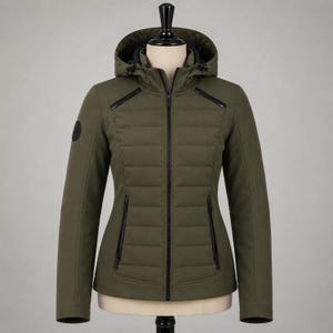 May include: An olive green jacket with a quilted front panel, a hood with adjustable drawstrings, and a full-length black center zipper. The jacket features two zippered chest pockets and two zippered side pockets, with a black circular logo patch.