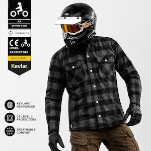Mörkgrå Flanell Motorcykeltröja, Kevlar®-fodrad, Bikerjacka CE Nivå 2, Skyddskläder för Motorcyklister