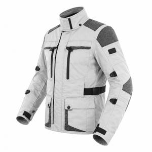 May include: A light gray motorcycle jacket featuring a high collar, black vertical zippered chest pockets, and two lower flap pockets. The garment includes dark gray textured shoulder and elbow panels, black adjustable side straps, and black sleeve tabs.