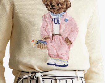 Suéter Ralph Lauren de lã tricotado à mão com estampa de urso – Suéter vintage de ursinho de pelúcia