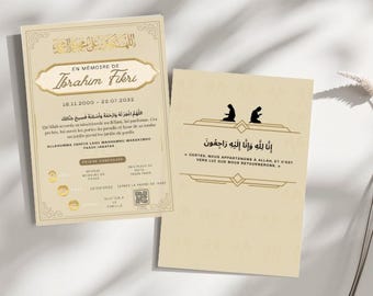 Carte Funéraire Islamique Moderne Personnalisable avec QR Code Cagnotte Sadaka, Faire-Part Décès Musulman Élégant, Annonce Obsèques Janaza
