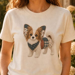 Papillon Shirt, Papillon Dog Mom Gift, Quilt-Inspired Graphic Tee, Butterfly-Eared Dog Lover T-Shirt, Cute Cottagecore Small Breed Pet Gift