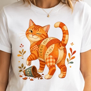 Orange Cat Shirt, Ginger Cat Tee, Patchwork Cat Shirt, Funny Cat Lover Gift, Cottagecore Folk Art T-Shirt