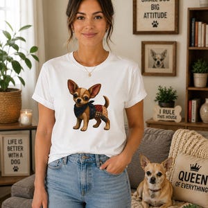 Può includere: Una t-shirt bianca a maniche corte con un'illustrazione grafica di un Chihuahua marrone e beige che indossa una bandana blu scuro e una toppa a motivi geometrici sul fianco. La maglietta ha un girocollo ed è abbinata a jeans azzurri.