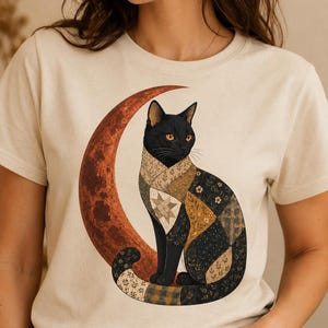 Black Cat Moon Shirt, Crescent Moon Cat Tee, Celestial Cat Lover Gift, Patchwork Folk Art T-Shirt, Cottagecore Black Cat Gift