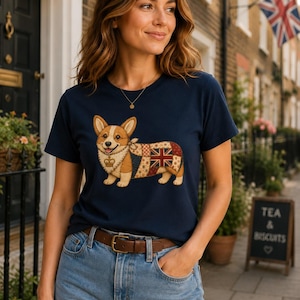 Puede incluir: Una camiseta azul marino de manga corta con el gráfico de un perro Corgi. El perro lleva un pañuelo con un icono de corona y tiene un diseño corporal estilo patchwork que incluye un patrón de la bandera Union Jack en el costado.