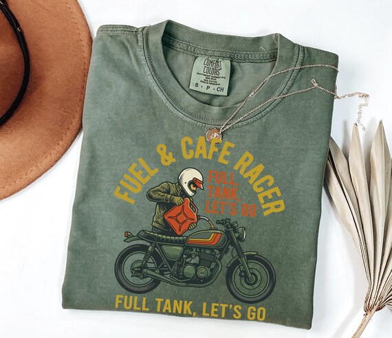 Full Tank Let's Go Biker Graphic Tee, Cafe Racer Motorcycle Lover Gift, Vintage Retro Biker Shirt for Men
