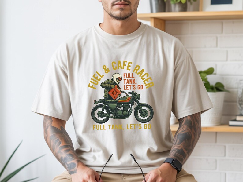 Full Tank Let's Go Biker Graphic Tee, Cafe Racer Motorcycle Lover Gift, Vintage Retro Biker Shirt for Men image 3