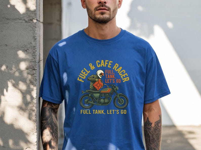Full Tank Let's Go Biker Graphic Tee, Cafe Racer Motorcycle Lover Gift, Vintage Retro Biker Shirt for Men image 2