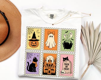 Vintage Halloween Stamp Graphic Tee, Spooky Season Trick Or Treat Shirt, Retro Ghost Pumpkin Haunted House Fall Apparel