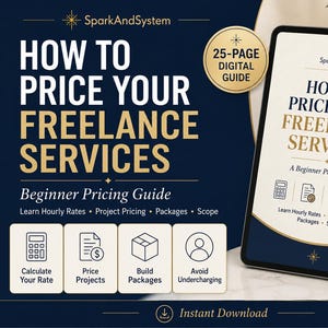 Puede incluir: Una guía digital de 25 páginas titulada How to Price Your Freelance Services de SparkAndSystem. La portada presenta colores azul oscuro y crema con iconos de calculadora, documento, caja y persona, además de texto sobre tarifas y proyectos.