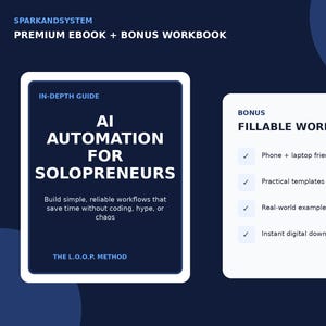 May include: A digital product set featuring a dark blue ebook titled AI Automation for Solopreneurs with the subtitle The L.O.O.P. Method and a white bonus fillable workbook listing features including phone and laptop friendly, practical templates, real-world examples, and instant digital download.