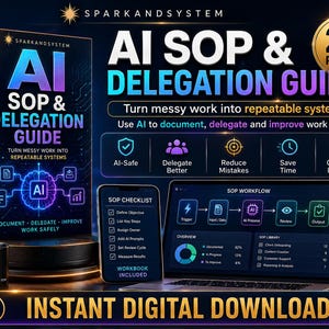 May include: A digital product bundle featuring an AI SOP & Delegation Guide book with 25 pages, a smartphone displaying an SOP checklist, and a laptop showing an SOP workflow diagram. The design uses a dark blue theme with neon accents.