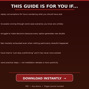 Pu&ograve; includere: Una pagina di guida digitale rosso scuro con testo bianco intitolata THIS GUIDE IS FOR YOU IF... seguita da sei punti elenco con icone circolari rosse. Il testo elenca scenari di rimuginio e termina con un pulsante rosso DOWNLOAD INSTANTLY.