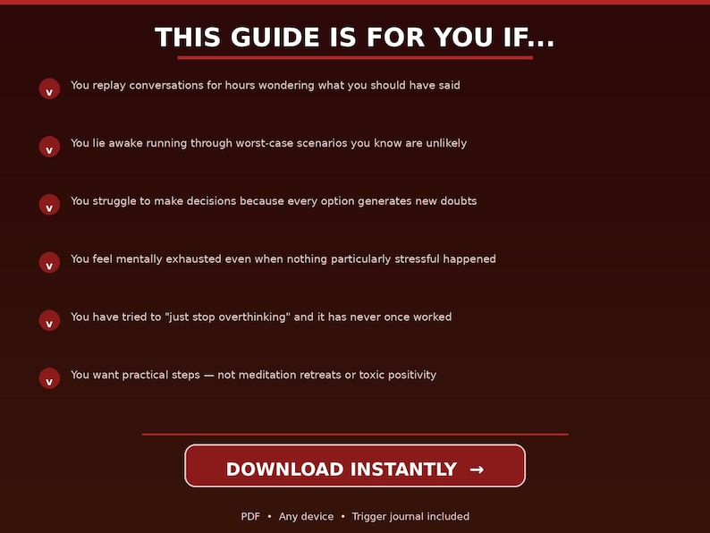 Pu&ograve; includere: Una pagina di guida digitale rosso scuro con testo bianco intitolata THIS GUIDE IS FOR YOU IF... seguita da sei punti elenco con icone circolari rosse. Il testo elenca scenari di rimuginio e termina con un pulsante rosso DOWNLOAD INSTANTLY.