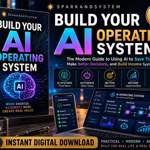 May include: A digital guide titled Build Your AI Operating System with 25 pages, featuring a book cover, a smartphone, and a laptop displaying an AI workflow dashboard. The design includes a glowing brain graphic, icons for automation, and text.