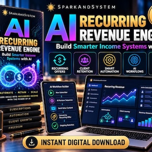 Könnte beinhalten: Ein digitales Produktpaket mit dem Titel AI Recurring Revenue Engine, bestehend aus einem 31-seitigen Leitfaden, einem Tablet mit einem KI-Workflow-Builder und einem Laptop, der ein Dashboard mit Umsatzdiagrammen sowie eine schwarze Tasse anzeigt.