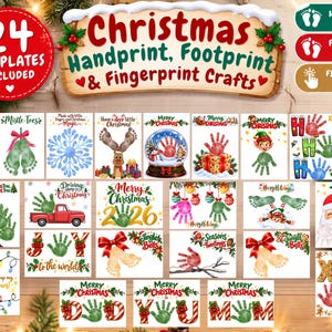 May include: A collection of 24 Christmas-themed craft templates featuring handprint, footprint, and fingerprint designs. The set includes various illustrations like snowmen, reindeer, trees, and Santa, with text such as Merry Christmas and Joy.