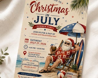 Christmas in July Summer Party Invitation, Tropical Santa BBQ Invite (Editable Template)