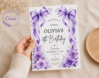 Purple Floral Birthday Invitation, Lavender Coquette Party Invite (Canva Template)