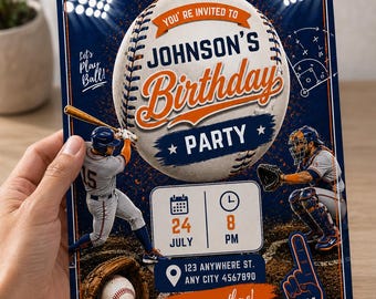 Navy Orange Baseball Birthday Invitation, Editable Sports Party Invite (Digital Download)
