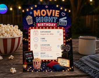 May include: A movie night birthday invitation card featuring a marquee sign design with neon-style text, a popcorn bucket, a film clapperboard, and a vintage film projector. The card includes placeholders for date, time, location, and RSVP details.