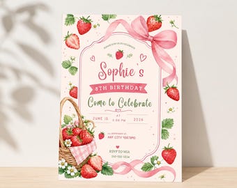 Strawberry Birthday Invitation, Berry Sweet Coquette Party Template (Digital Download)