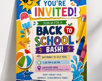 Back to School Bash Invitation, Summer Pool Party Invite, Editable Canva Template
