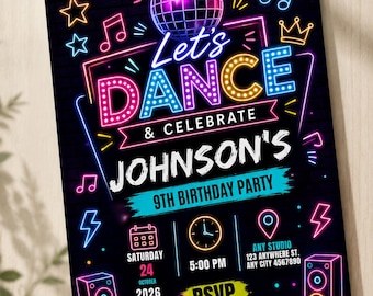 Neon Dance Party Invitation, Editable Canva Birthday Invite (Digital Template)