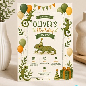 May include: A rectangular birthday party invitation card featuring green and orange balloons, leafy vines, and illustrations of geckos. The text reads: YOU'RE INVITED TO OLIVER'S Birthday PARTY, DATE SATURDAY AUGUST 23. 2026, TIME 2:00 PM-5:00 PM, ADRESS 123 LIZARD LANE GREENVILLE. TX 75401, RSVP TO EMILY AT (555) 123-4567 BY AUGUST 23. 2026.