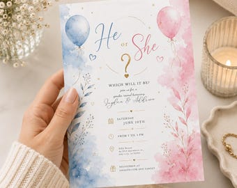 Gender Reveal Invitation | He or She Baby Shower Invite (Editable Canva Template)