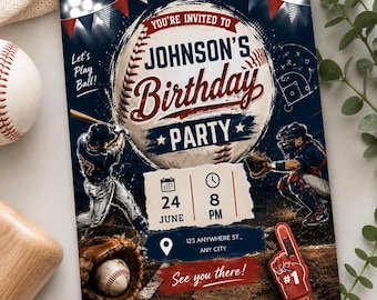 Baseball Birthday Invitation, Sports Party Invite, Editable Canva Template (Digital Download)