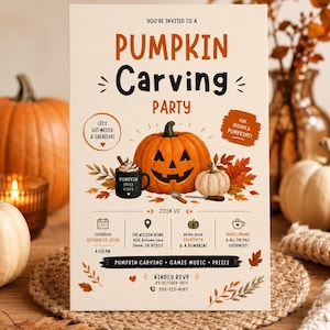 May include: A rectangular invitation card for a Pumpkin Carving Party featuring orange and white pumpkins, autumn leaves, and a mug labeled Pumpkin Spice Vibes. The text includes event details, date October 25, 2026, location, and RSVP contact.