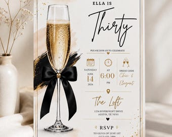 30th Birthday Invitation, Elegant Black Gold Champagne Party Invite (Digital Template)