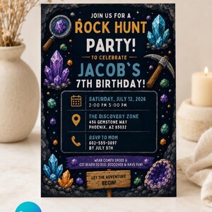Geology Birthday Invitation, Rock Hunt Birthday Party, Gem Mining Invite, Crystal Geode Party, Editable Canva Template for Kids