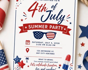 4th of July Summer Party Invitation, Patriotic Pool BBQ Invite (Digital Template)