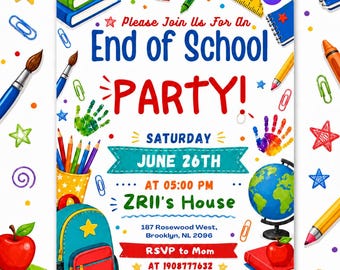 End of School Party Invitation, Summer Birthday Invite, Editable Canva Template (Digital)