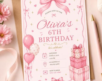 Pink Coquette Birthday Invitation, Editable Bow Party Template For All Ages (Digital Invite)