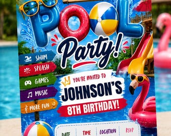 Pool Party Birthday Invitation, Summer Splash Editable Template (Digital Download)