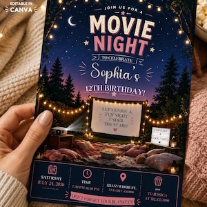 May include: A rectangular invitation card for a movie night birthday party. The design features a night scene with string lights, a projector screen, and cushions. Text includes "JOIN US FOR A MOVIE NIGHT", "Sophia's 12TH BIRTHDAY!", and event details.