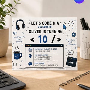 Coding Birthday Invitation, Computer Birthday Party Invite, Programming Party, STEM Tech Birthday, Editable Canva Template for Kids