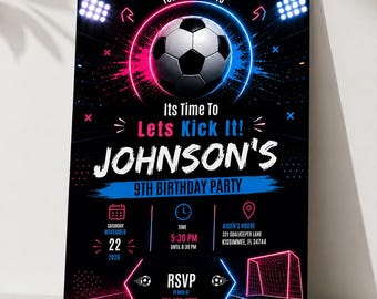 Neon Soccer Birthday Invitation, Editable Canva Party Template (Digital Download)